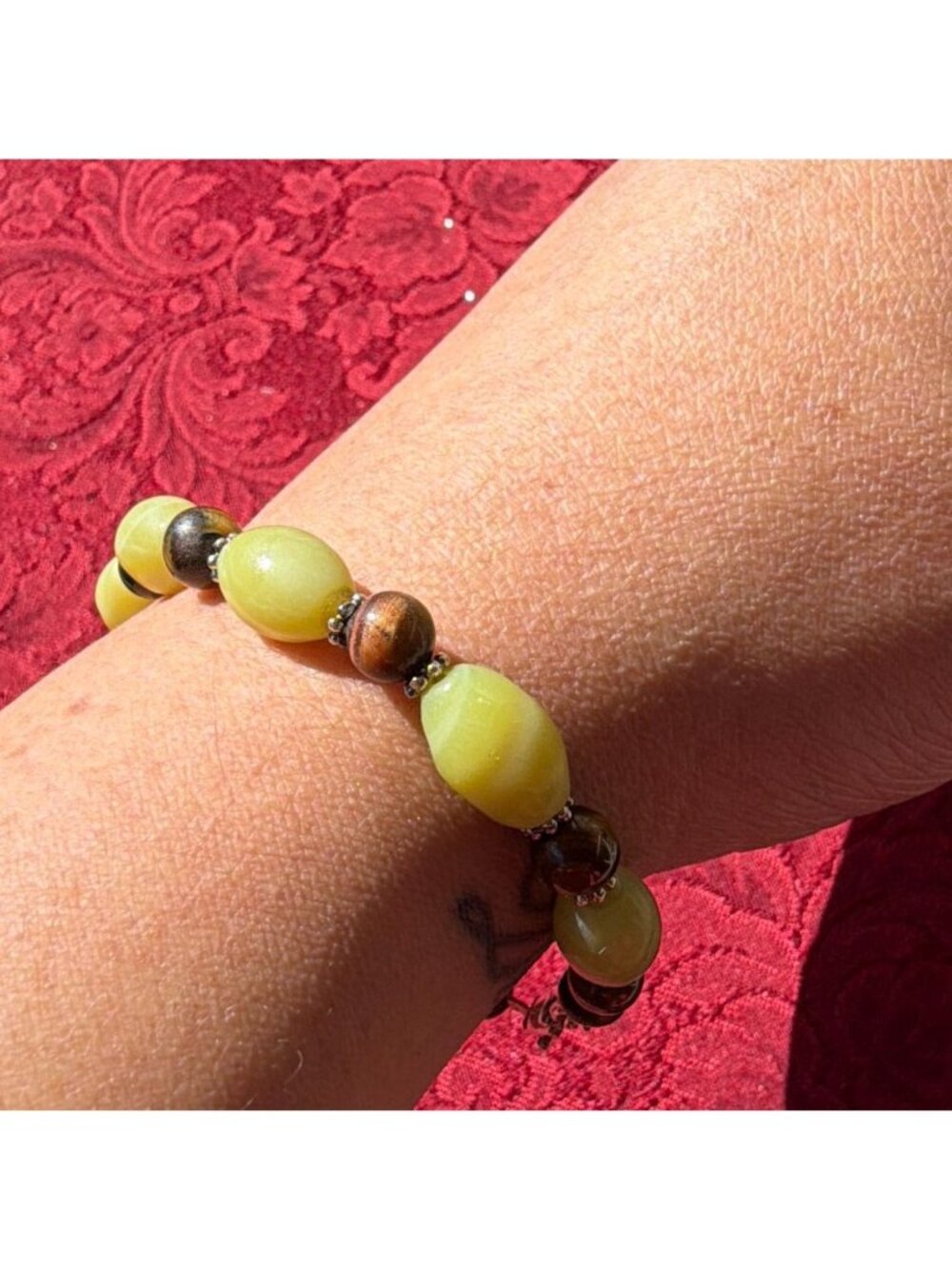 Vintage 925 Silver Beaded Bracelet Natural Tigers Eye Yellow Green Serpentine